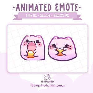 May include: Animated emoji of a pink creature with large eyes and a wide mouth, eating a yellow and orange candy. The emoji is available in four sizes: 112x112, 56x56, and 28x28 pixels.