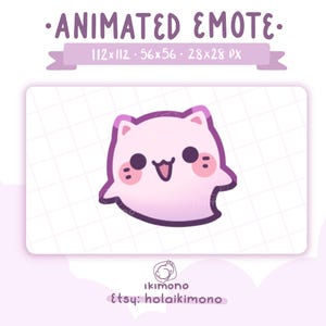 Pode incluir: Emoji animado de gato fantasma rosa com uma expressão feliz e os olhos fechados. O emoji está em um fundo de grade branca.