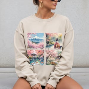 Cherry Blossom Crewneck Sweatshirt Japanese Landscape Square Grid Sweater Nature Lover Sweatshirt Japanese Pullover Gift for Her