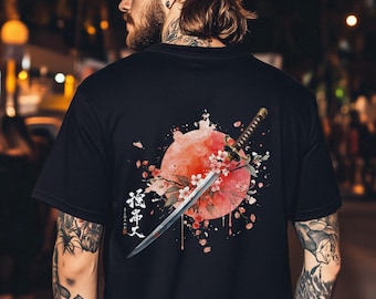 Samurai Sword Tshirt Sakura Blossom Tee Cute Watercolor Japanese Art Back Print Katana Top Japanese Lovers T-shirt Cherry Blossom Gift