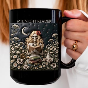 Personlig midnattsläsarmugg, gotisk bokälskaremugg, 3D-uppblåst skelettläsarkaffekopp, Dark Academia-present