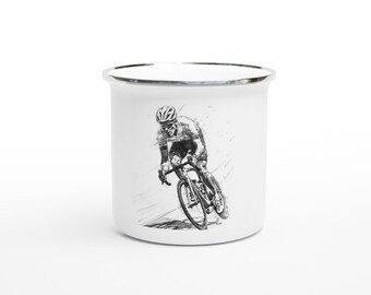 Enamel Cyclist Coffee Mug - Pencil Painting Rider Downhill