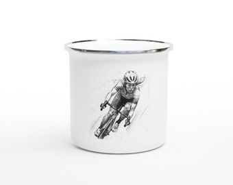 Enamel Cyclist Coffee Mug - Pencil Painting Girl Downhill