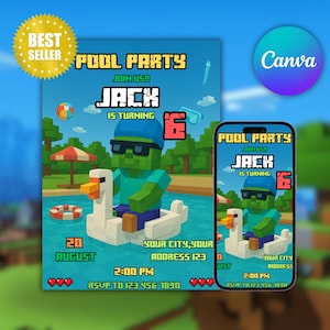 Bearbeitbare Minecraft Pool Party Einladung Junge Gamer Geburtstag Canva Template Sommer Wasser Party einladen Printable Digital Download DIY Card
