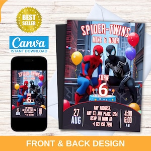 Twin Spider Hero Geburtstagseinladung bearbeitbare Vorlage Jungen Superheld Party Card Spiderman Theme Anpassbare Digitaler Download Zwillinge Bday