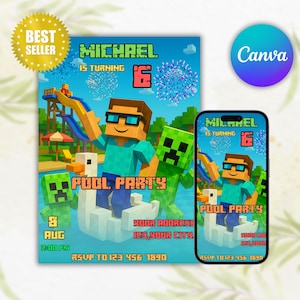 Convite editável para festa na piscina do Minecraft, aniversário de menino gamer, modelo do Canva, convite para festa aquática de verão, impressão digital, download, cartão faça você mesmo