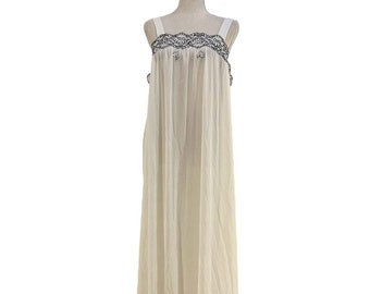 Vintage Lucie Ann Maxi Night Gown White Black Lingerie Women's Large