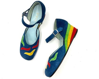 Vintage Rhea Nichols Suede Wedges Mary Jane Shoes Women's 9US Rainbow