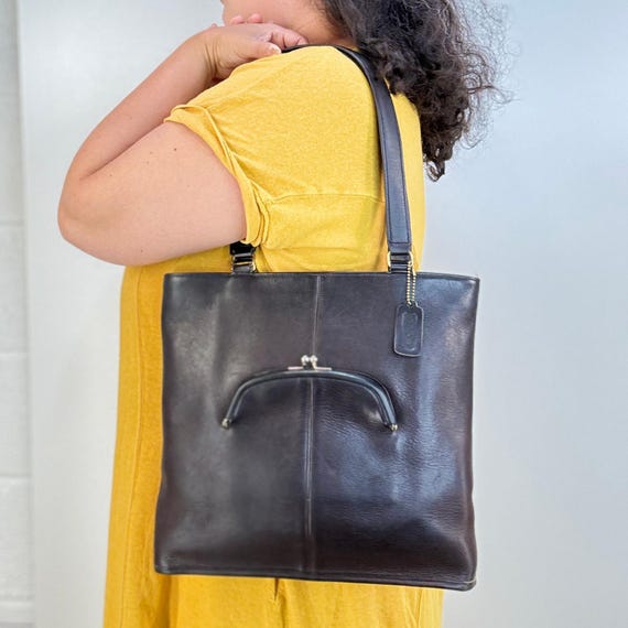 バッグ Vintage Coach Hand Bag Turn Lock Leather Vintage Coach Skinny Tote 9546 Brown Leather Handbag Purse