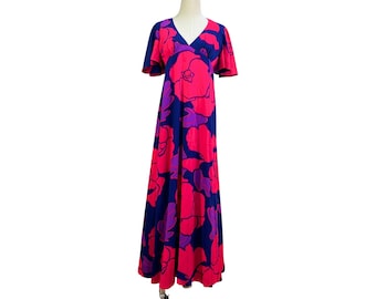 Vintage Tahiti Imports Hawaiian Floral Cut Out Back Dress Pink Purple