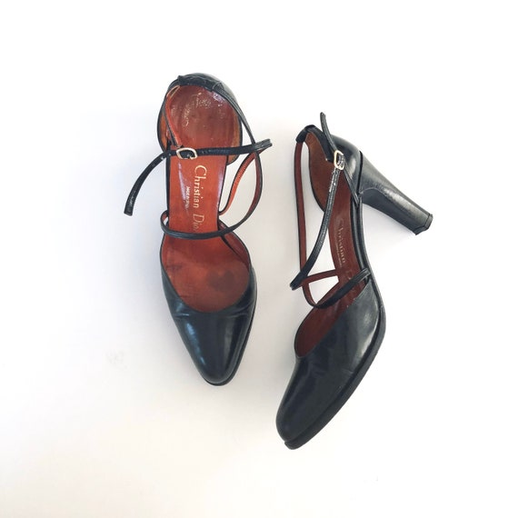 Christian Dior Black Leather Heels Pumps 1970’s Sa
