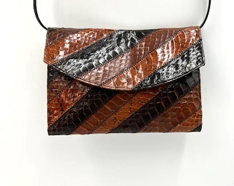 Vintage Saks Fifth Ave Patchwork Stripe Snake Python Brown Leather Wallet Bag Women's