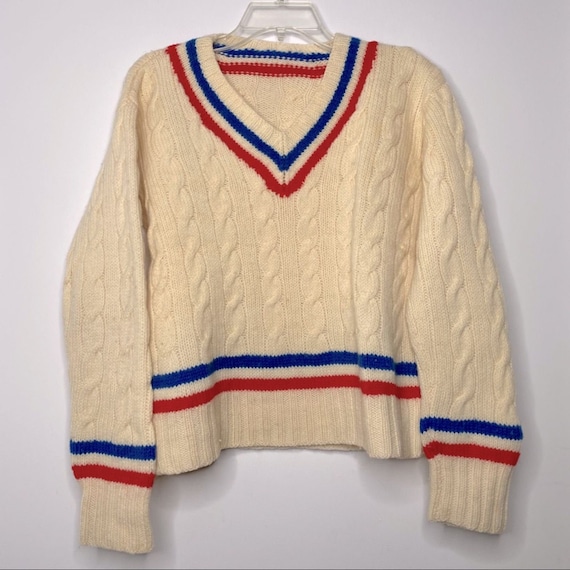 Vintage V Neck Cable Knit Sport Stripe Sweater Wom