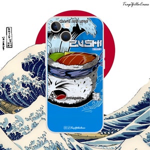 May include: A blue phone case featuring a cartoon sushi roll design. The sushi roll has a blue headband and a red fish inside. The text "EUSHI" is written in white on a blue background. The text "BLUE" is written in white on a blue background. The text "CATCH THE WAVE" is written in white on a blue background. The text "THE TEN" is written in white on a blue background. The text "TRAP ZILLA CASES" is written in white on a blue background.