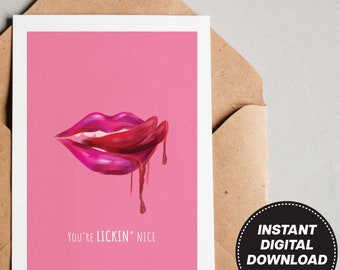 Printable Bloody Lips Valentine’s Card – Spooky Cute Vampire Pun Card, Funny Love Card for Him or Her, 5x7 & 4x6 DIY Blank Card, Pink Lips