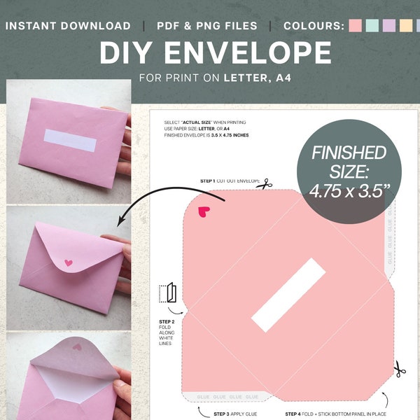 DIY Envelope - Printable PDF PNG - Easy Cute Simple Heart Design, Small 4.75 x 3.5 inches - Pastel Colours Pink, Green, Yellow, Blue, Purple