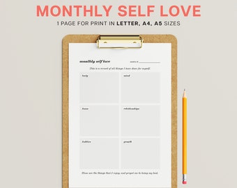 Self Love Monthly Growth Journal Planner Printable PDF Diary Thought Body Mind Home Partner Relationships Hobbies Mental Physical Wellbeing