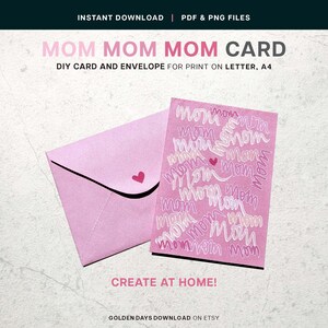 Ensemble d'enveloppes pour carte de maman bricolage, je t'aime, carte rose imprimable PDF, modèle PNG, facile à réaliser, graphique dessiné à la main, carte à créer vous-même, faites-le à la maison