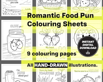 9 Food Pun Coloring Pages Printable Kawaii Funny Pages Foodie Colour DIY Cards Gifts Black and White Cute Anniversary Love Valentines Day