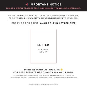 This image says: Your download will come in letter sized PDFs. Print as many as you like! For best results use quality ink and paper.