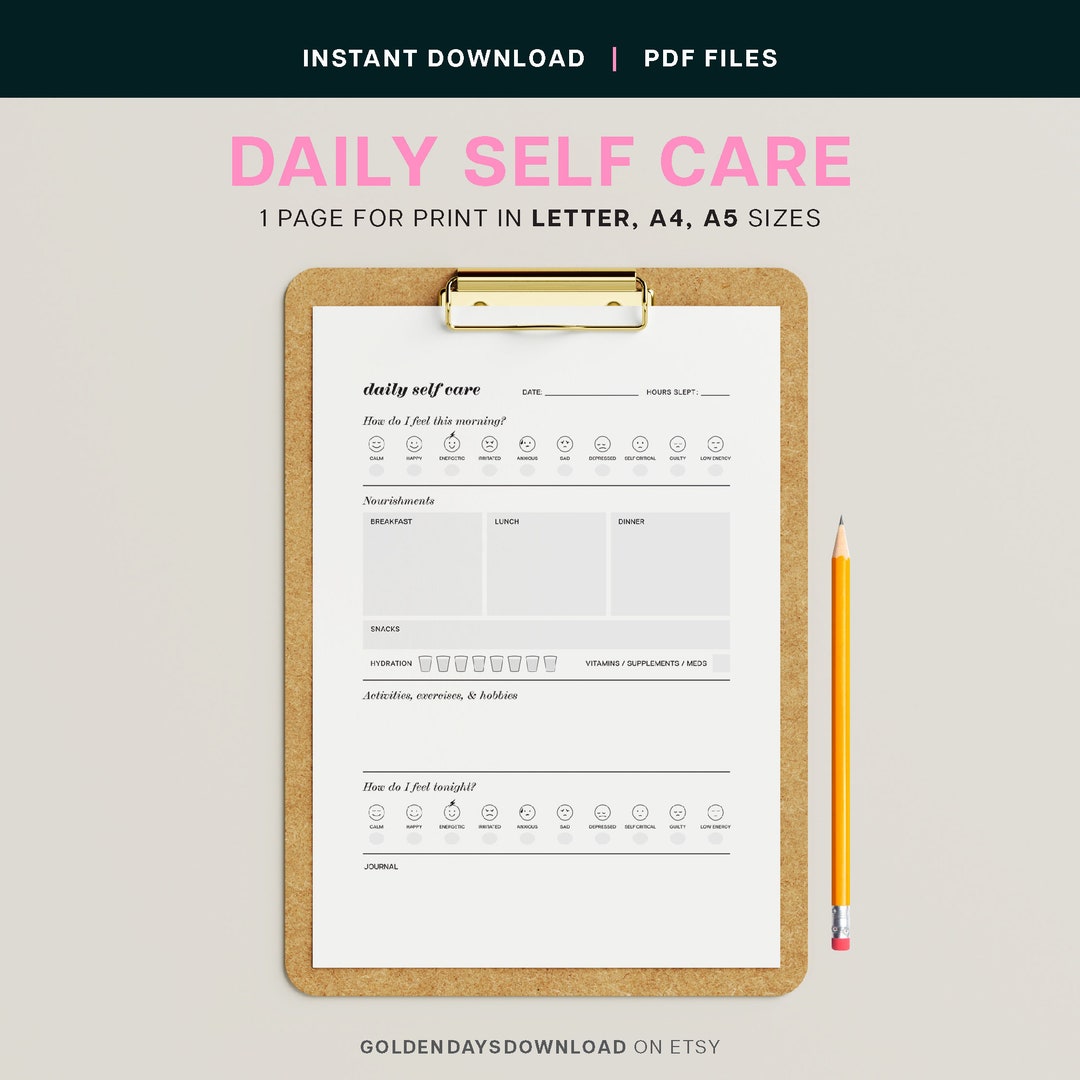 Daily Self Care Planner Journal PDF Printable Food Meals Diet Activity ...