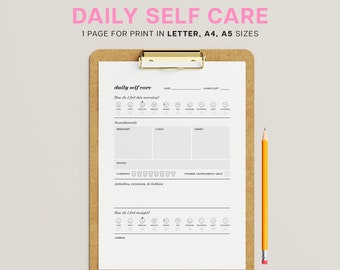 Daily Self Care Planner Journal PDF Printable Food Meals Diet Activity Exercise Water Emotional Physical Mental Wellbeing Diary Writing Page