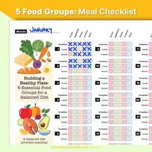 Lista di controllo dei 5 gruppi alimentari Dieta equilibrata Alimenti quotidiani per menti sane Pasto base per tutti i giorni Frutta Verdura Cereali Proteine Latticini