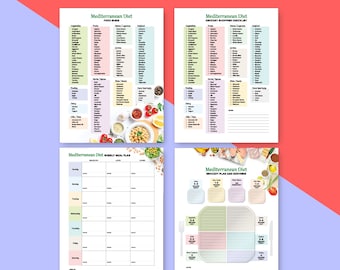 Mediterranean Food Guide | Heart Healthy Grocery Shopping List Chart | Printable Meal Planner | Mediterranean Diet Nutrition Foods Planner