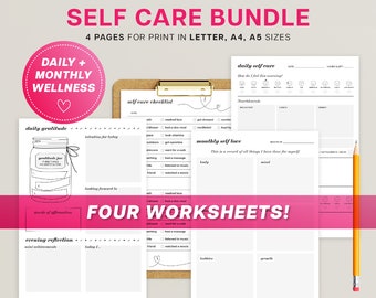 Self Care Journal Daily Planner Gratitude Worksheet, Self Love, Meal Nutrition Tracker, Mental Health, Fitness Wellness Checklist Goals