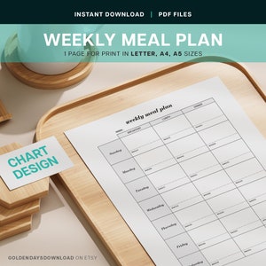 Wekelijkse maaltijd Voedselplan Grafiek Afdrukbare pdf-planner Dagelijkse maaltijdplan Voedseldoelen Schoon eten Maaltijdbereiding Routine Tijd besparen geld Tijdschrift besparen
