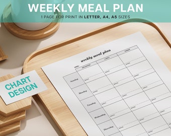 Weekly Meal Food Plan Chart Printable PDF Planner Everyday Meal Plan Food Goals Diet Clean Meal Prep Routine Time Save Money Saving Journal