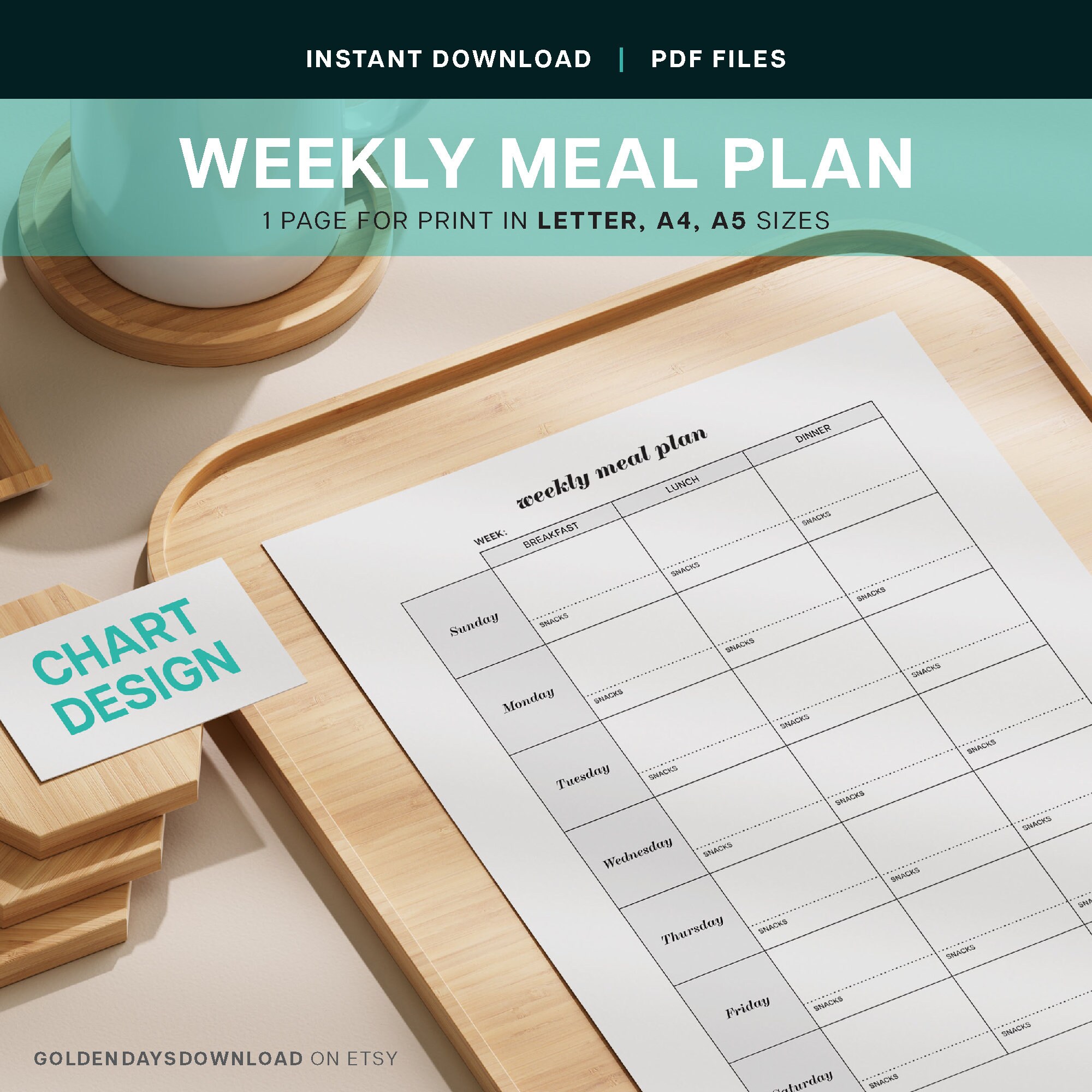 Weekly Meal Food Plan Chart Printable PDF Planner Everyday Meal Goals Food Diet Snack Diary Meal