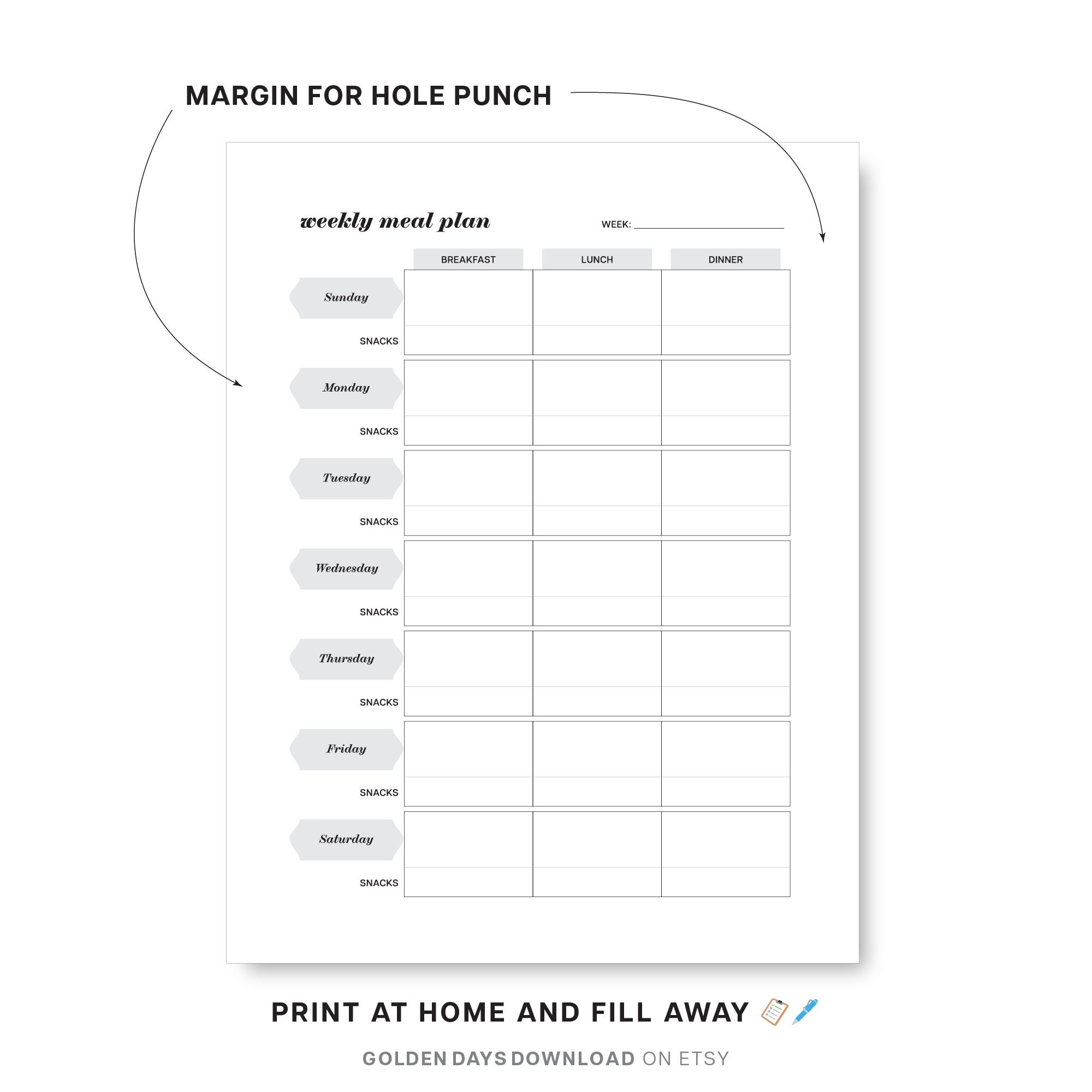 Weekly Meal Plan Food Chart Printable PDF Planner Everyday Meal Plan Goals Food Diet Snack Meal