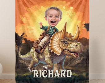 Manta de dinosaurio personalizada: foto divertida de niño, decoración infantil