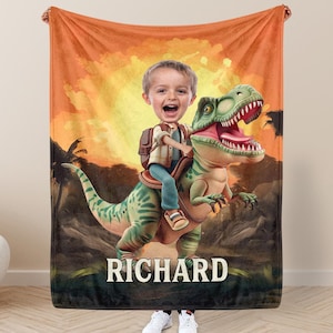 Personalized Kid Photo Blanket With Funny Face, Little Boy Riding Dinosaur, New Baby Gift, Gift For Boys, Nursery Decor, Warm Soft Blanket