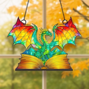 Book Dragon Suncatcher Ornament, Fantasy Dragon Acrylic Window Hanging, Dragon Wall Window Hanging Art Decoration, Bookish Home Decor
