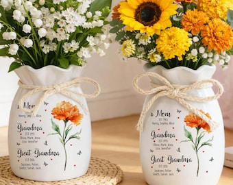 Jarrón de cerámica personalizado para varias generaciones, con nombres familiares personalizados, recuerdo floral.