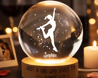 Lámpara de noche personalizada con bola de cristal, lámpara de ballet con nombre personalizado, regalo para amantes de la danza.