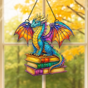 Book Dragon Suncatcher Ornament, Fantasy Dragon Acrylic Window Hanging, Dragon Wall Window Hanging Art Decoration, Bookish Home Decor