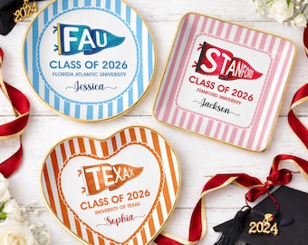 Plato personalizado para joyas de graduación, recuerdo de la promoción de 2026, cuenco para baratijas con el nombre de la universidad.