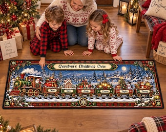 おばあちゃんへのクリスマス用トレインランナーラグ、お孫さんの名前入りホリデーデコレーション