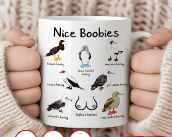 Taza con juego de palabras de pájaro gracioso – "Bonitas tetas", Regalo de broma personalizado