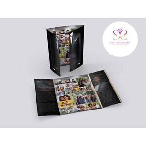 May include: A black tri-fold brochure with a collage of family photos. The brochure is designed to look like a tuxedo jacket. The open brochure displays more photos and text. A white circle with a pink and purple butterfly logo is in the background.