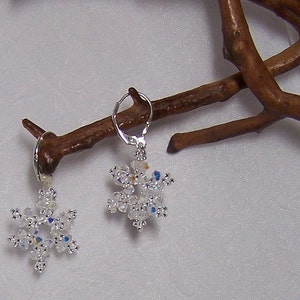 May include: A pair of silver snowflake earrings with clear crystal beads. The earrings are hanging from a branch.