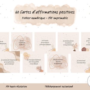 Op de afbeelding: Een digitale download met 60 positieve affirmatiekaarten. De kaarten hebben een beige achtergrond met abstracte vormen en Franse tekst. De woorden "60 Cartes d'affirmations positives" staan bovenaan. De kaarten zijn gelabeld met "PDF haute résolution" en "Téléchargement instantané".