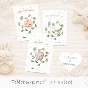 Peut inclure: Trois cartes illustrées sur le thème des bébés, avec un visage de bébé, un pot et une dent, chacune entourée d'une couronne verte. Les cartes sont sur un fond blanc avec le texte "Mon premier sourire", "Mon premier petit pot", et "Ma première dent".