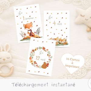 Peut inclure: Ensemble de cartes étapes pour bébé avec des illustrations de renards et de fleurs. Les cartes affichent du texte en français, dont "1 semaine", "4 mois" et "12 mois". Une étoile en peluche et un hochet lapin en crochet sont également visibles.