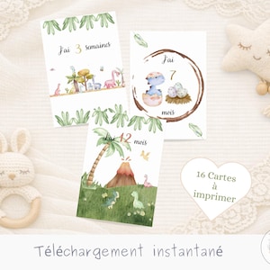 Può includere: Biglietti di pietre miliari per bambini ad acquerello con illustrazioni di dinosauri. Le carte presentano testo in francese, con immagini di dinosauri, alberi e uova. Un peluche a forma di stella e un sonaglio a forma di coniglio all'uncinetto sono anche nell'immagine.