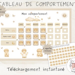 May include: A beige behavior chart titled "TABLEAU DE COMPORTEMENT" and "Mon comportement" featuring a weekly grid with days of the week, time slots for morning, afternoon, and evening, illustrated with suns, clouds, stars, and children's faces.