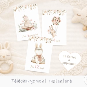 Peut inclure: Trois cartes étapes pour bébé avec des illustrations d'adorables lapins et des motifs floraux. Les cartes indiquent "J'ai 3 semaines", "4 mois" et "J'ai 12 mois". Un hochet lapin crocheté et une étoile en peluche sont également visibles.